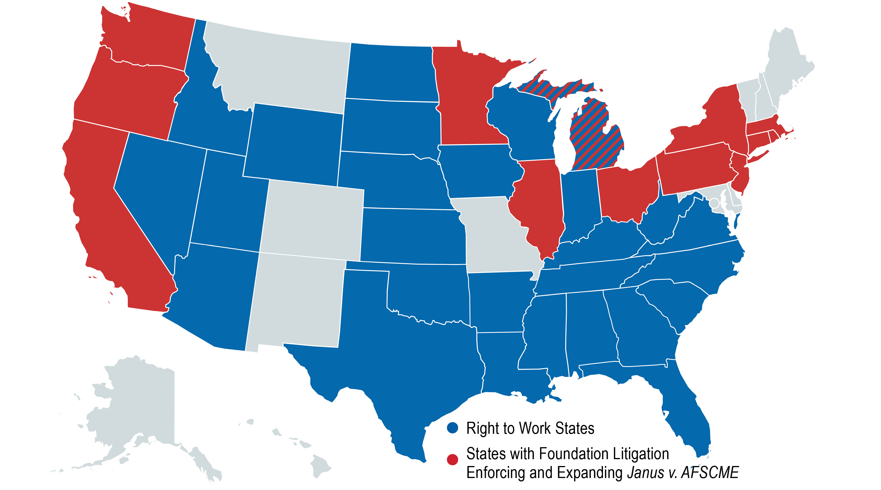 Map of Janus enforcement cases and Right to Work states
