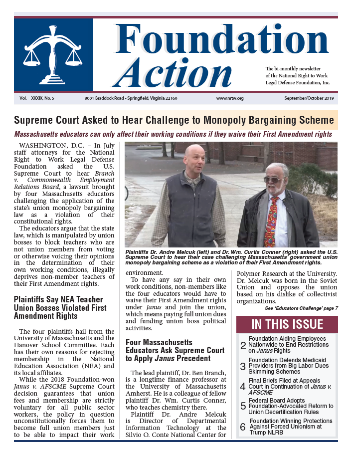 National Right to Work Foundation Action Newsletter Cover September October 2019 Issue
